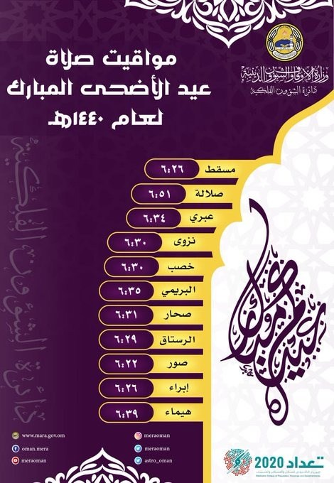 مواقيت صلاة عيد الأضحى في سلطنة عمان 2019/1440 بمختلف ولايات السلطنة