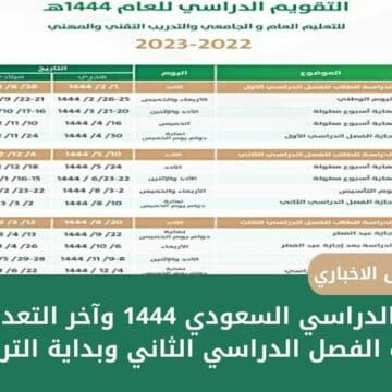 التقويم الدراسي السعودي 1444 وآخر التعديلات قبل امتحانات الفصل الدراسي الثاني وبداية الترم الثالث