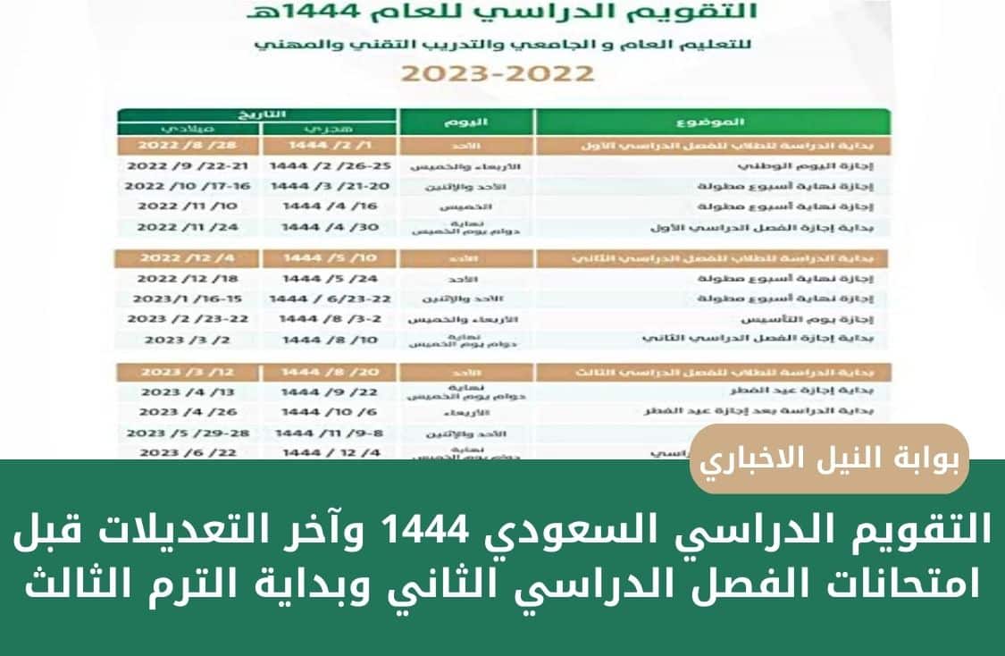 التقويم الدراسي السعودي 1444 وآخر التعديلات قبل امتحانات الفصل الدراسي الثاني وبداية الترم الثالث