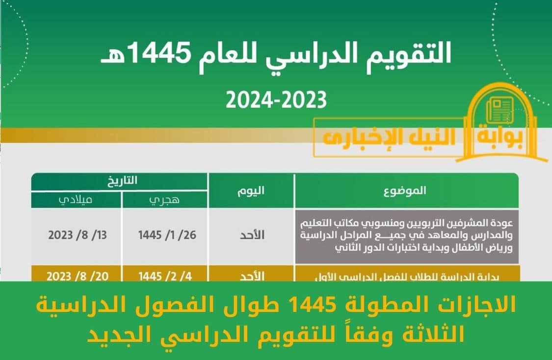 الاجازات المطولة 1445 طوال الفصول الدراسية الثلاثة وفقاً للتقويم الدراسي الجديد